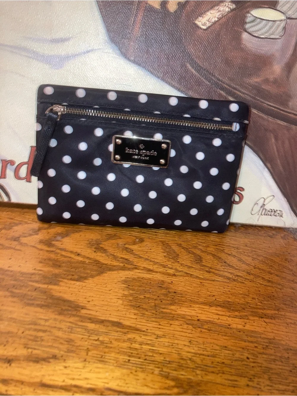 Kate Spade New York Classic Polka Nylon Zippered Pouch Card Holder Blsck & White